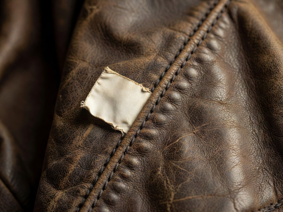 Close-up of vintage leather jacket tag and single stitch seam detail