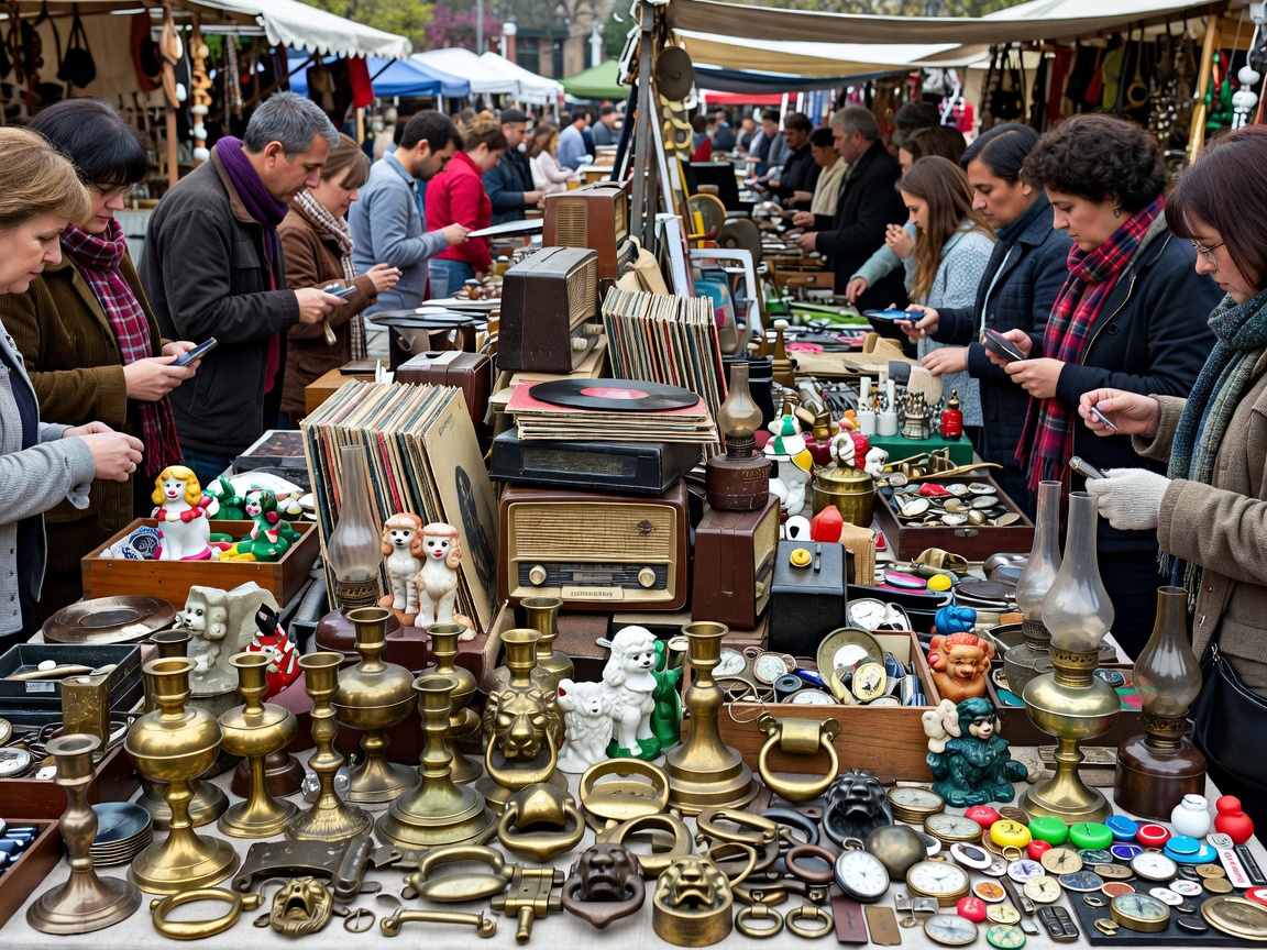 Crowded outdoor flea market table full of retro trinkets and brass decor