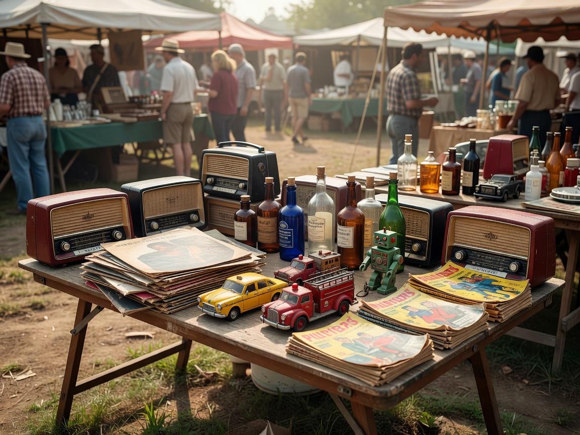 Detailed view of vintage collectibles layout at a weekend outdoor flea market