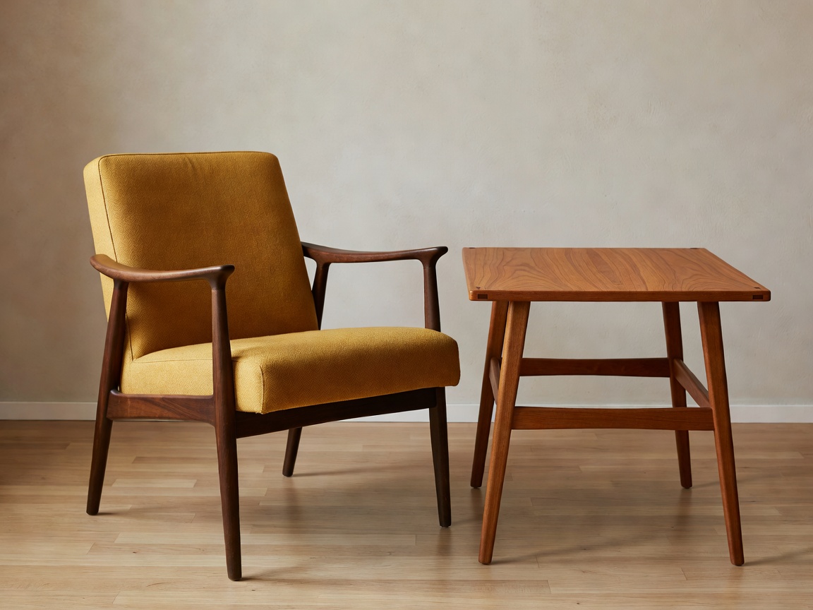 Mid-century modern armchair and teak vintage side table