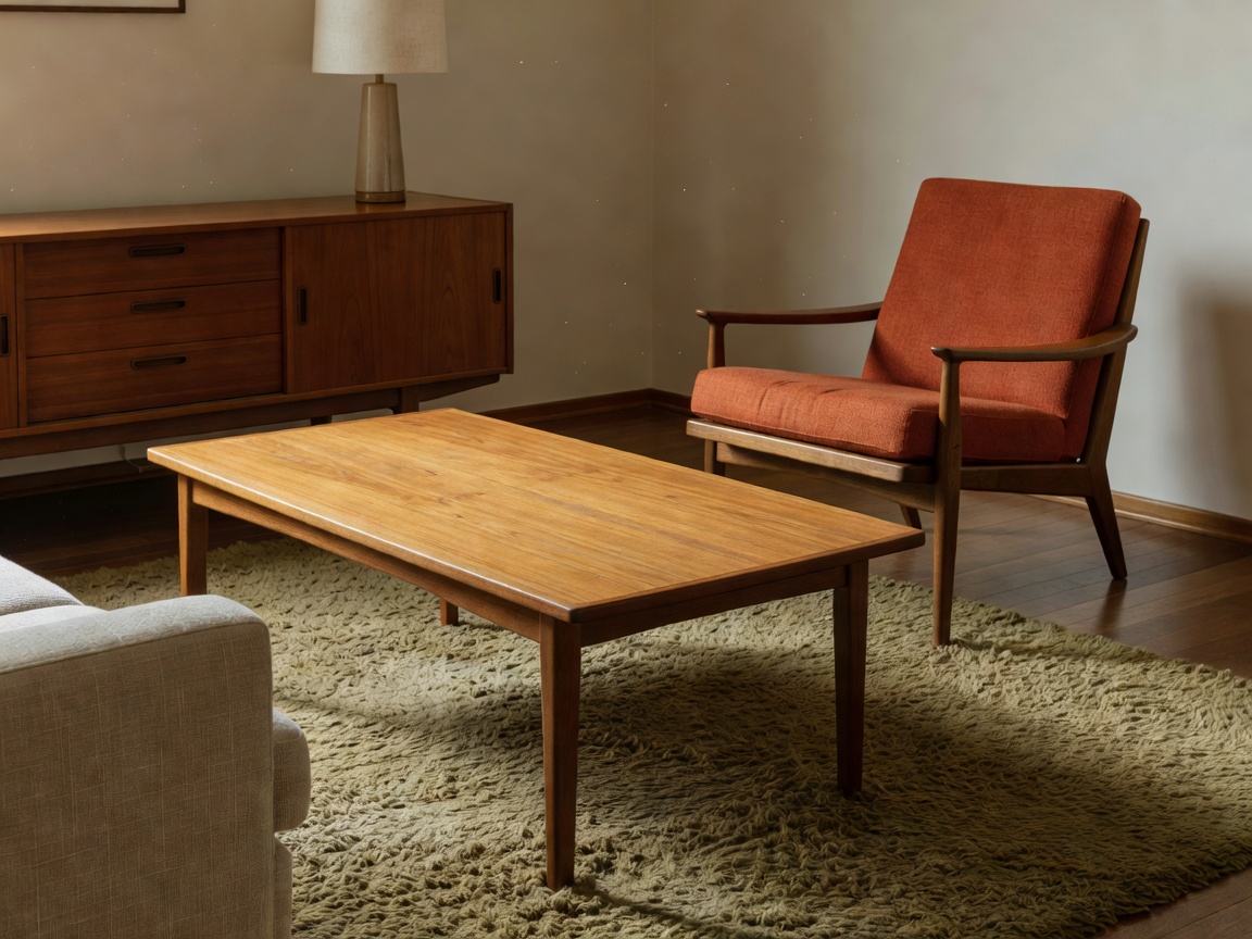 Mid-century modern teak coffee table and armchair set in vintage living room