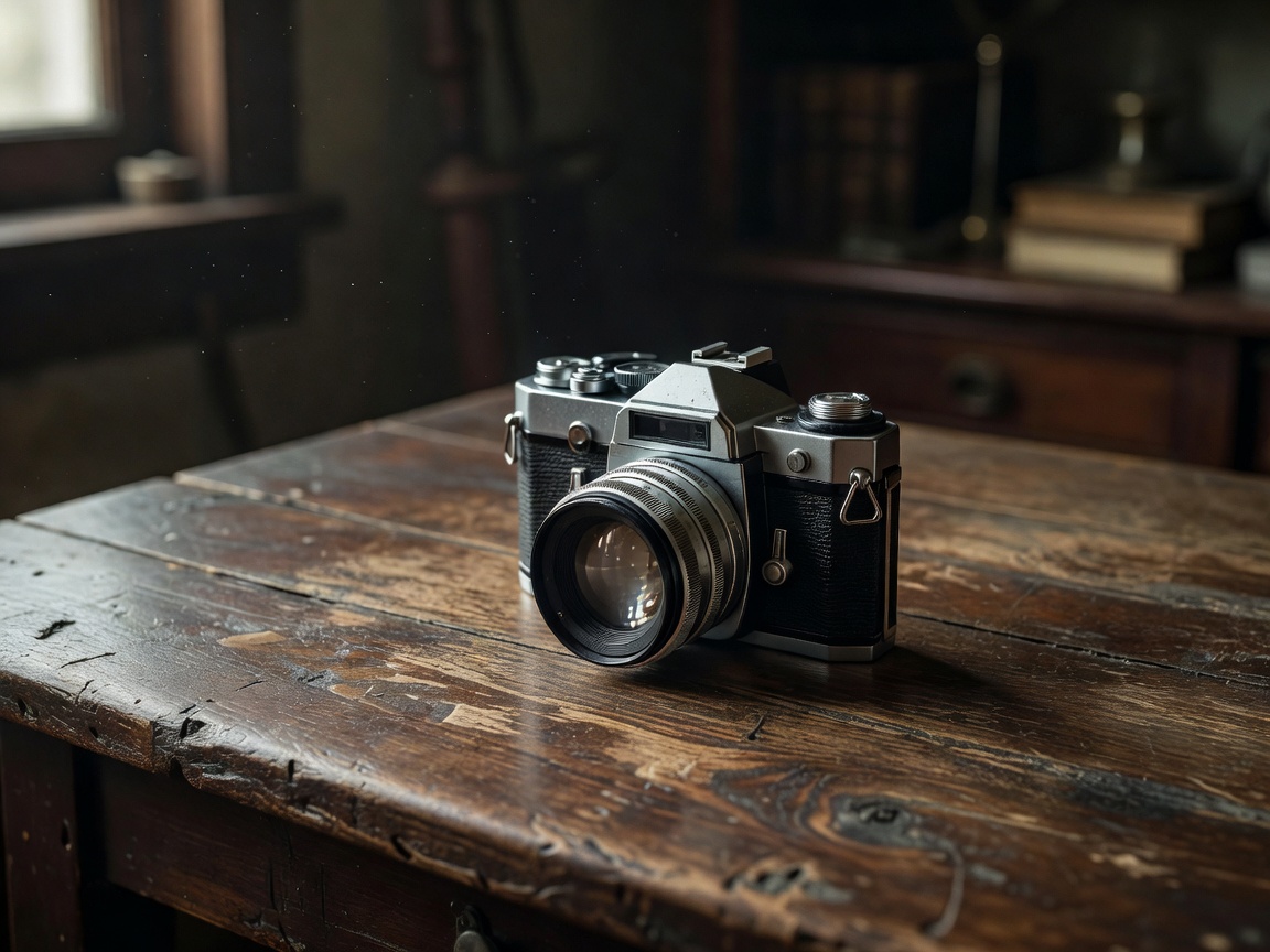 Old analog film camera resting on vintage wooden table