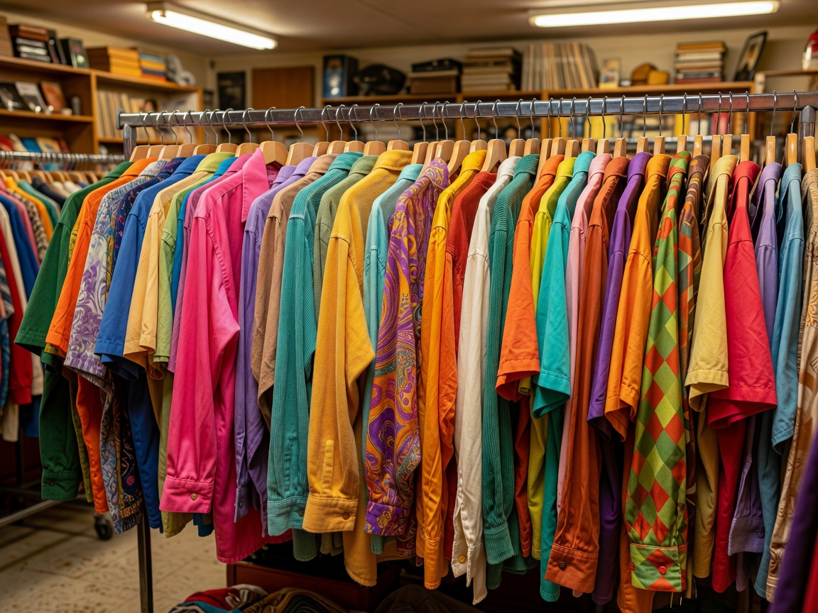 Rack of colorful vintage shirts in second hand store
