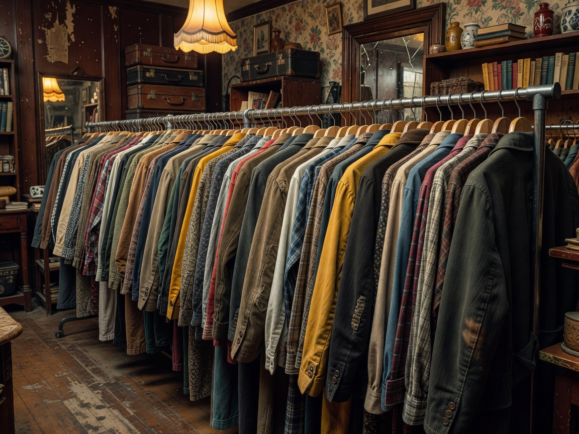 Row of vintage coats and shirts on hangers inside retro thrift boutique