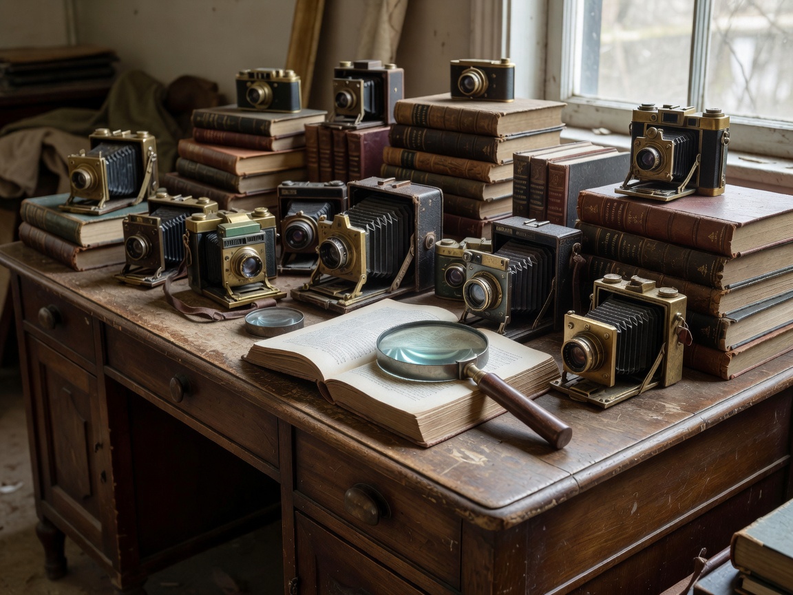 Vintage desk covered in antique cameras, books, and magnifying glass at estate sale