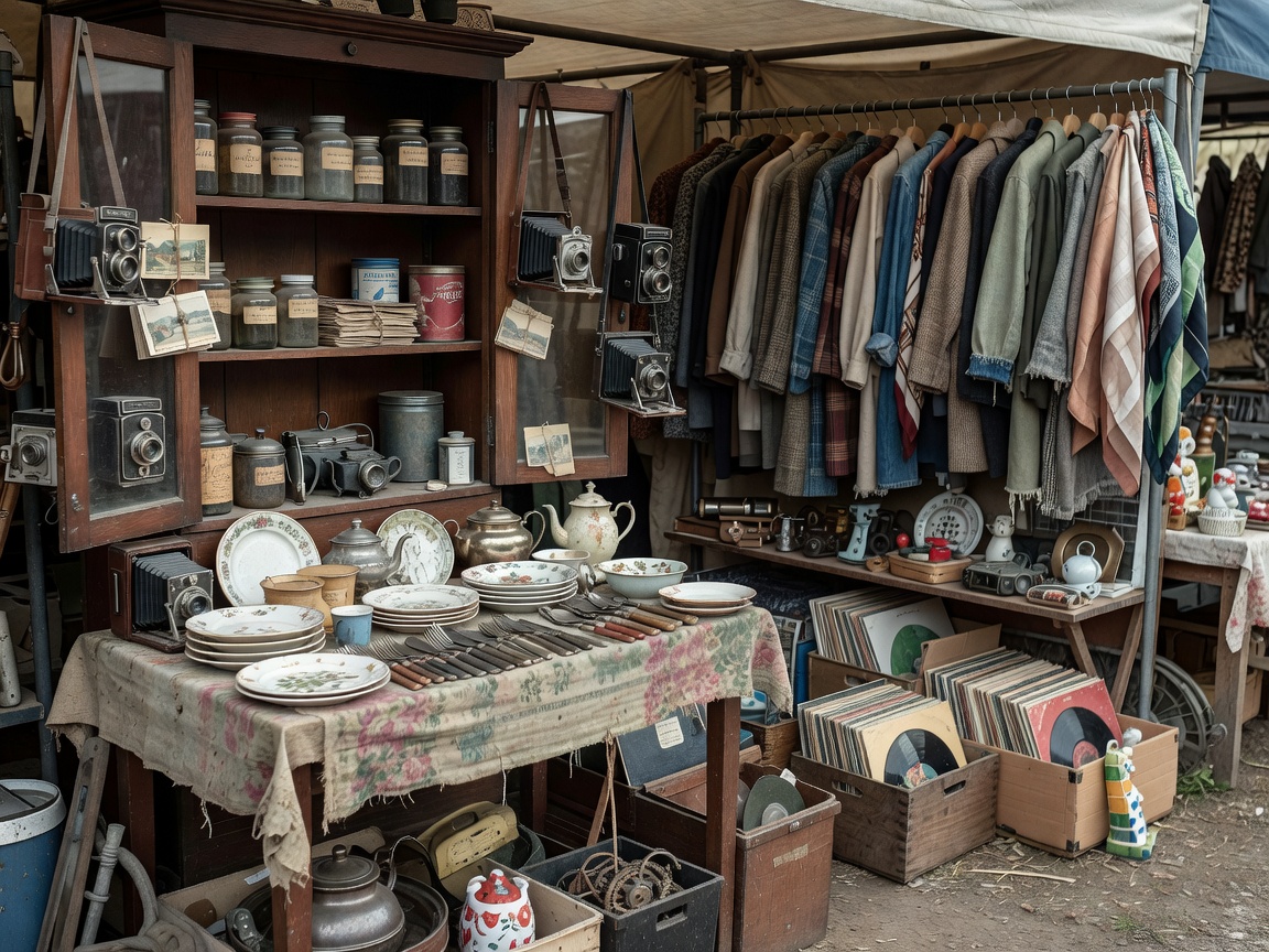 Vintage flea market vendor booth filled with antique artifacts and retro treasures