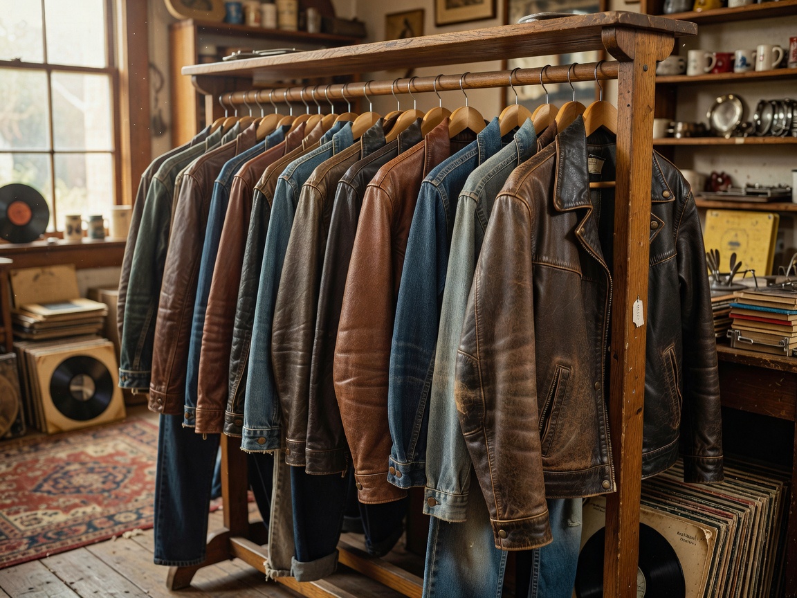 Vintage leather jackets and denim on wooden hangers in a cozy thrift shop